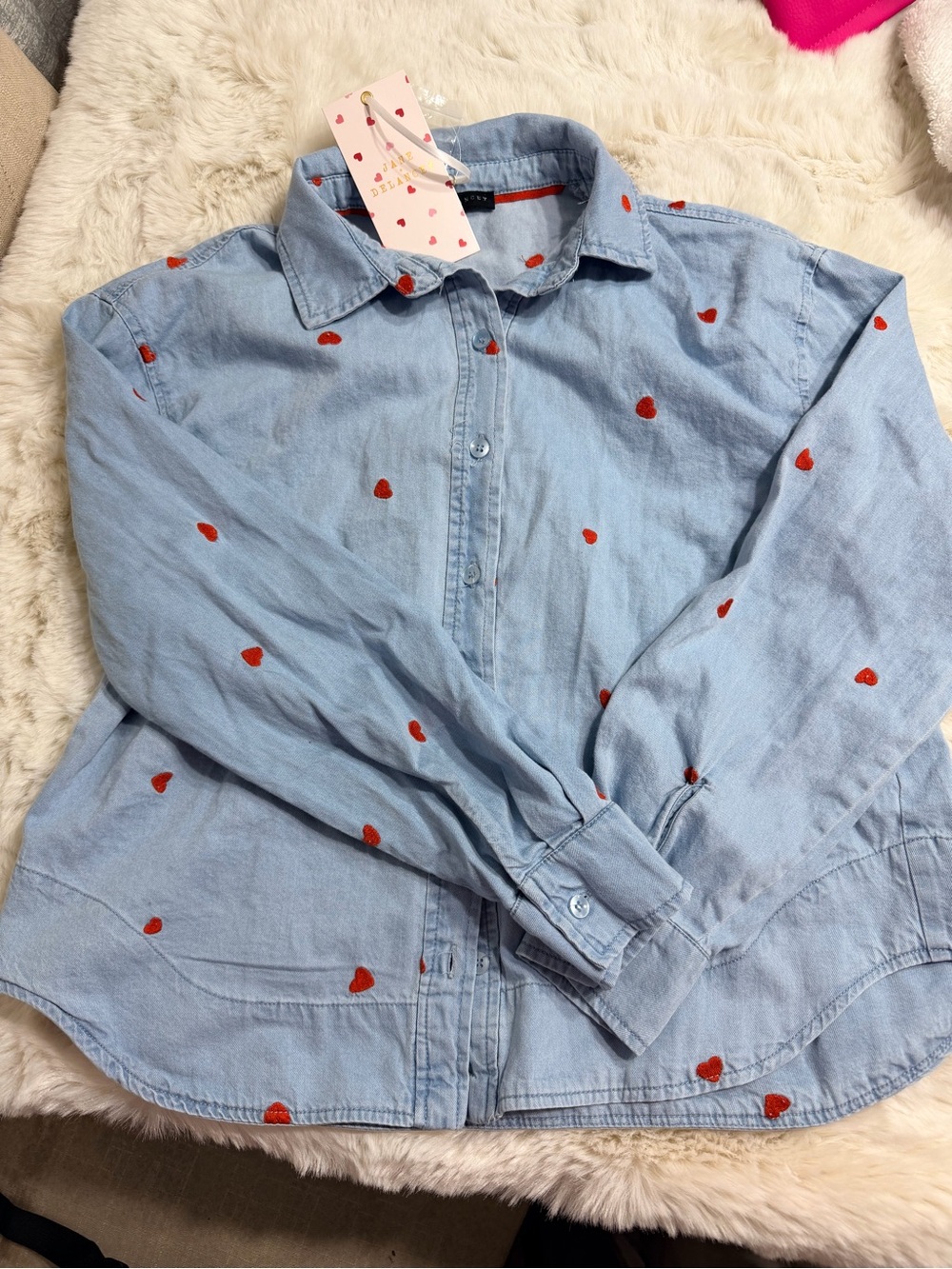 Source Unknown Light Blue Denim Button-Down Shirt with Red Heart Motif